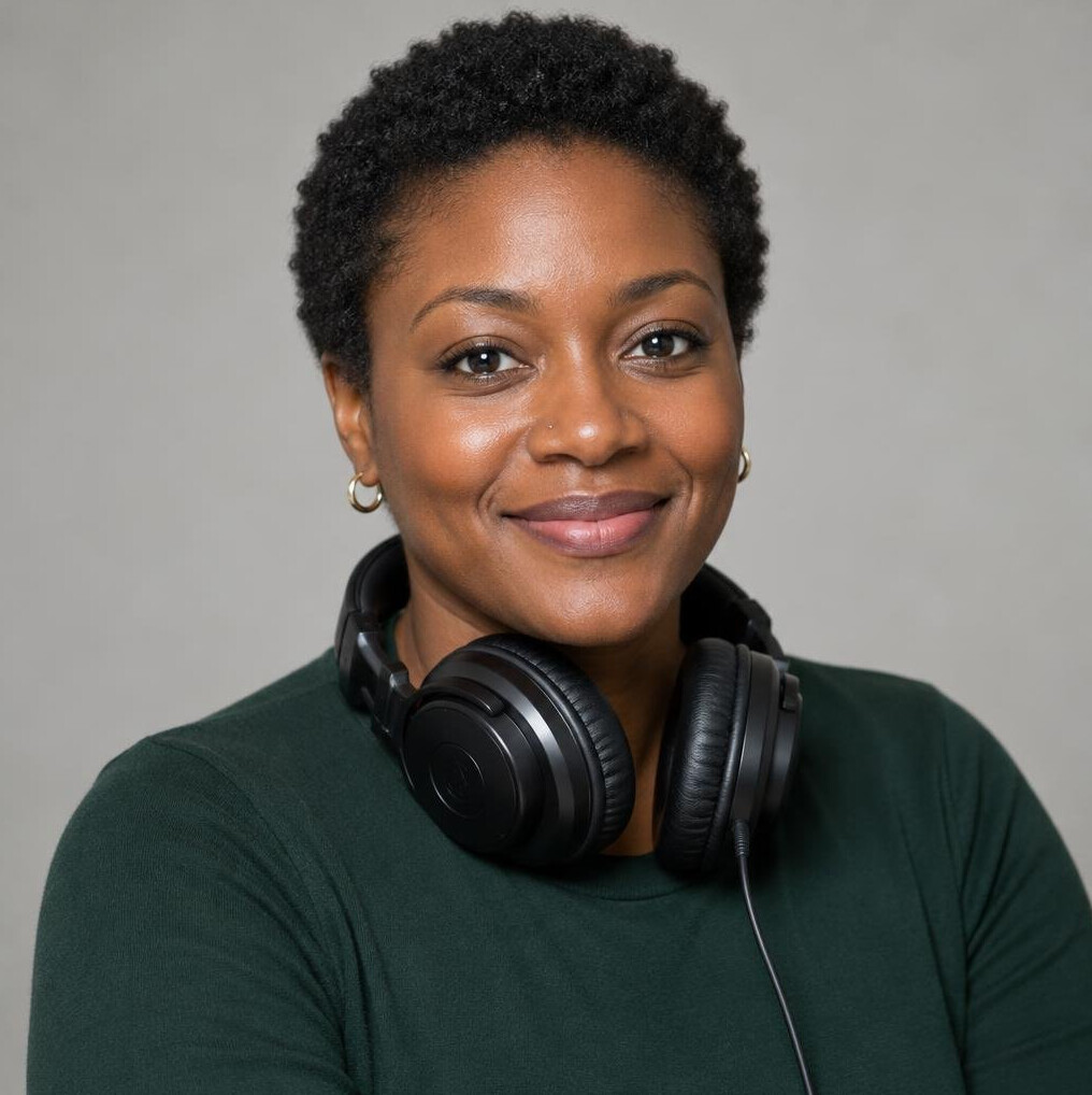 Portrait of a Black British woman sound engineer smiling with headphones around her neck