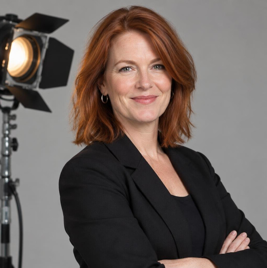Portrait of a red-haired Scottish woman lighting director in a black blazer
